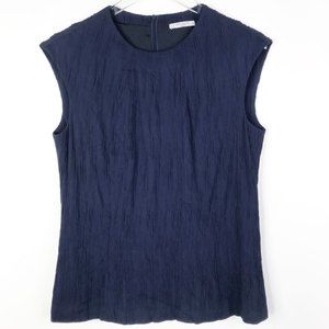 MM. Lafleur Blouse Womens Medium Navy Blue Crinkle Textured Sleeveless Crew Neck